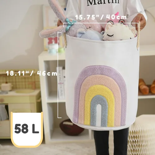 Miniatura 4 de Cesta para Bebé Rosa, Cesta de Lavandería de Lona XL de 58L con Cierre de Cordón, Decoración Boho de Arcoíris