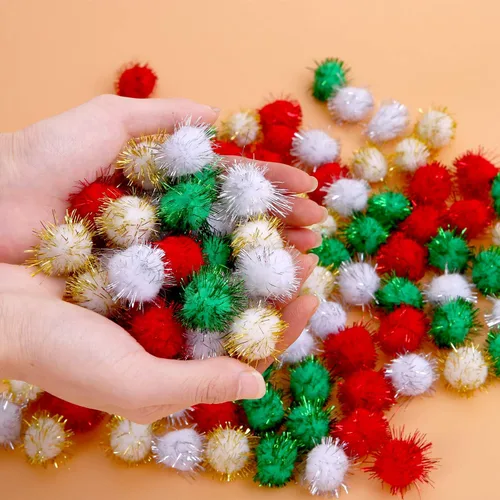 Miniatura 3 de Cooraby 200 pompones de Navidad con purpurina de colores surtidos (0.59 pulgadas)