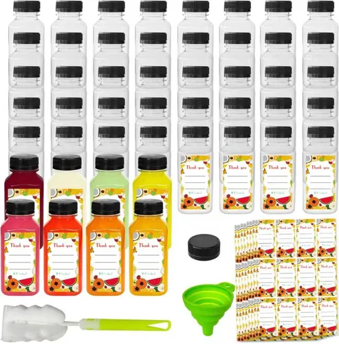 48 botellas de jugo de 8 onzas con tapas, botellas de plástico con tapas, recipientes reutilizables transparentes a granel para jugo, leche y otras