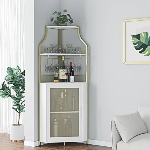 GAOMON Armario esquinero para bar de vinos con estante desmontable para vinos, armario de bar con soporte para vidrio, aparador pequeño y gabinete