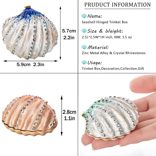 Miniatura 2 de YU FENG Caja de joyería de conchas marinas con cristales con bisagras, pintada esmaltada, coleccionable, color azul oscuro