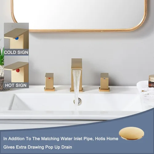 Miniatura 6 de Grifo de lavabo de baño de oro cepillado, grifo de baño de cascada de 3 agujeros, grifos de baño de tocador de 2 asas, grifo de baño moderno