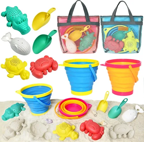 Juguetes de playa plegables para niños y bebés, juego de cubos de arena y palas plegables con bolsas de malla y moldes de arena, juguetes de arena