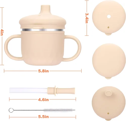 Miniatura 2 de BUSOHA Vasos para sorber de acero inoxidable, 3 en 1 de silicona para niños pequeños, vaso de paja para bebés con cepillo para niños con tapa