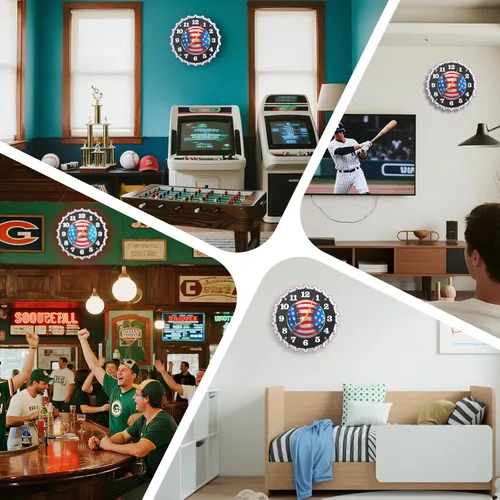 Miniatura 7 de Reloj de pared de béisbol, reloj de pared de neón de 12 pulgadas, bandera estadounidense y gráficos de béisbol, impresionante efecto de brillo 3D