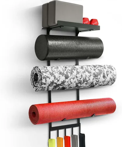 Soporte de pared para esterilla de yoga, estante de almacenamiento de gimnasio en casa con estante flotante superior, 4 niveles para tapete de yoga,