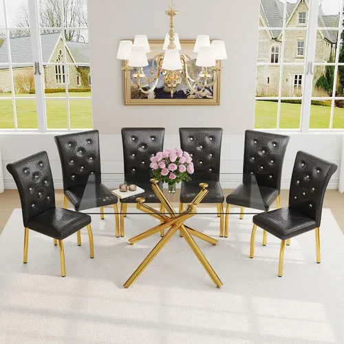 Miniatura 23 de Juego de mesa de comedor moderna para mesa de comedor negra de 4,63 pulgadas, juego de 4 con patas de metal dorado, mesa de cocina rectangular