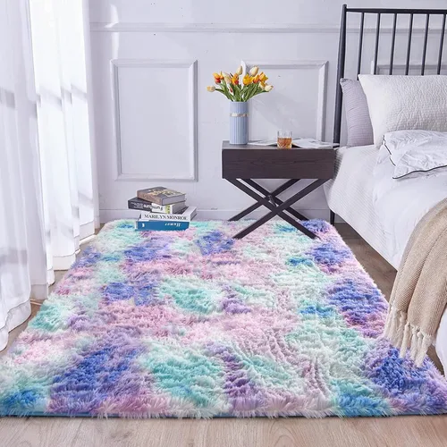 Miniatura 5 de A Nice Night Alfombra de Área Peluda y Esponjosa de Piel Sintética, Tapete para Puerta, Estilo Tie Dye, Alfombra de Pelo Más Suave y Lujosa