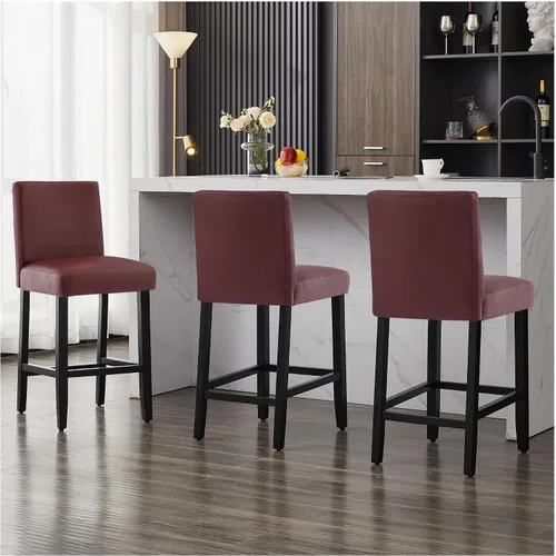 Miniatura 9 de Juego de 3 taburetes de bar de piel sintética de 26 pulgadas, modernas sillas de bar tapizadas de altura de barra, taburetes de bar con patas