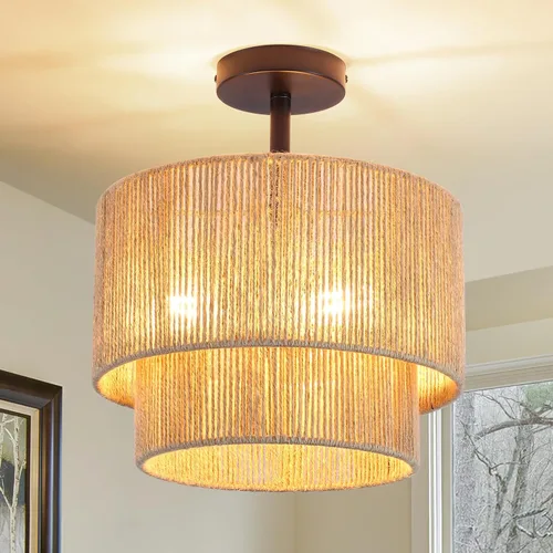 12.6" Boho Light Fixtures Ceiling Mount, Coastal Hemp Rope Semi Flush Mount Ceiling Light,3-Light Rustic Rattan Ceiling Light With 2-Tier Drum Shade