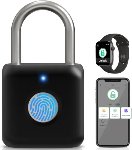 Candado de Huella Dactilar, Pothunder Candado Inteligente, Cerradura para Casillero, Cerradura de Huella Dactilar con Desbloqueo por APP, Recargable