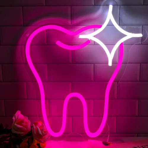 Letrero de neón para decoración de dientes de color rosa, accesorios de asistente con luz para oficina dental, letreros de neón LED, arte de pared