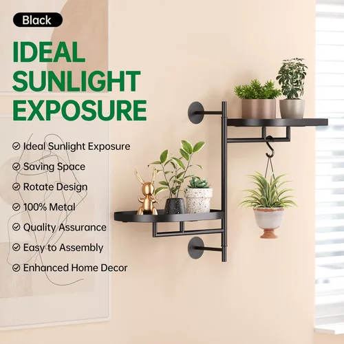 Miniatura 2 de Estantes giratorios de ventana para múltiples plantas en interiores, soporte de esquina de metal de 2 niveles negro soporte flotante para pared