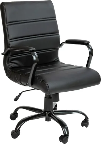 Flash Furniture Whitney Silla de escritorio giratoria de LeatherSoft con respaldo medio y asiento acolchado y reposabrazos acolchados, silla de Negro