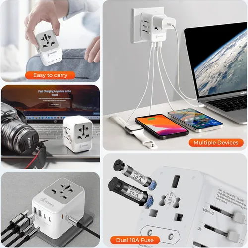 Miniatura 7 de Adaptador de viaje universal 6 en 1-10A Adaptador de corriente internacional con 3 puertos USB C, 2 puertos USB A Cargador portátil rápido