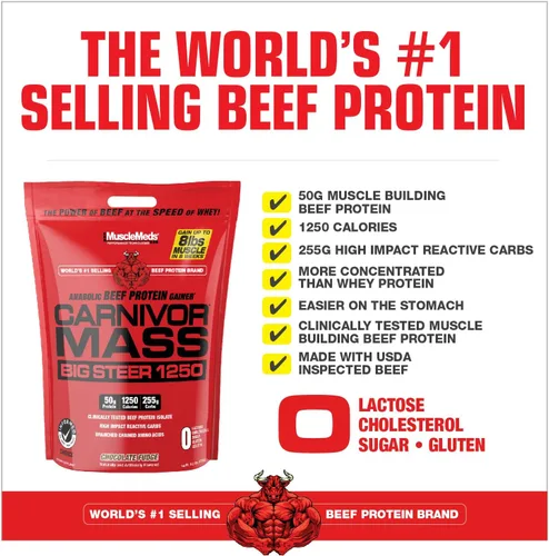 Miniatura 3 de MuscleMeds Carnivor Mass Chocolate Big Steer 1250, 15 libras (el embalaje puede variar)