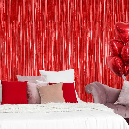 Miniatura 7 de Paquete de 2 telones de fondo de oropel rojo, cortinas de flecos de 3.28 pies x 7.05 pies, decoraciones de fiesta para aniversarios de boda