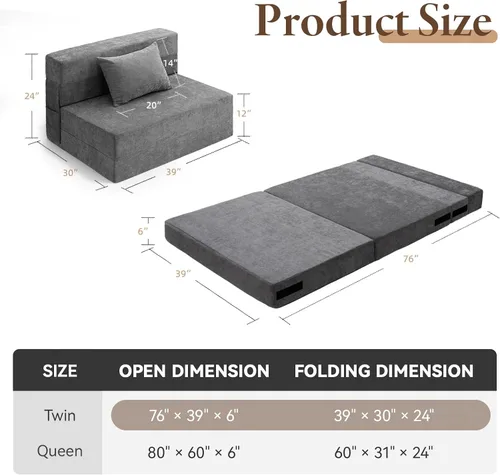 Miniatura 2 de HOMFINE Sofá cama plegable - Silla cama convertible con cojín, sofá desplegable, colchón de espuma viscoelástica para piso, sofá futón, sofá