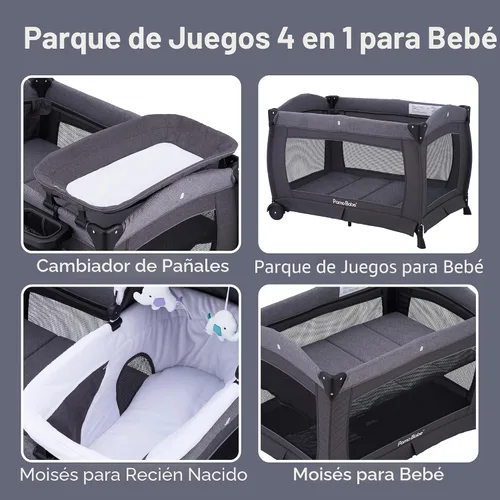 Miniatura 6 de Centro para bebé, corralito plegable para bebé y niño pequeño, moisés, colchón, mesa de cambio para recién nacidos (negro)