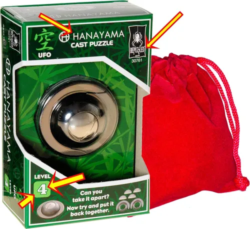 Miniatura 3 de UFO Hanayama Brain Teaser rompecabezas, nueva versión 2019, clasificación de dificultad de nivel 4, bolsa de terciopelo rojo con cordón, paquete