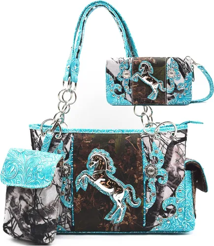 Camuflaje Estilo Occidental Totes Bolso Floral Tachonado Bolso de Cuero Tooled Bolso de Cuero de las Mujeres del País Bolsa de Hombro Cremallera