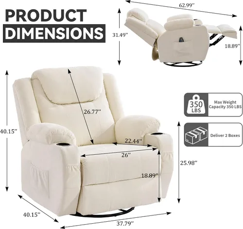 Miniatura 2 de Korser Silla reclinable de gran tamaño, reclinable giratorio de 360° para adultos, silla reclinable giratoria con calor y masaje, reclinable manual