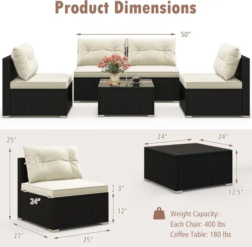Miniatura 4 de Tangkula - Juego de sofá de ratán de 5 piezas, conjunto de muebles de mimbre para patio de Patiojoy con cojines de asiento y respaldo, mesa
