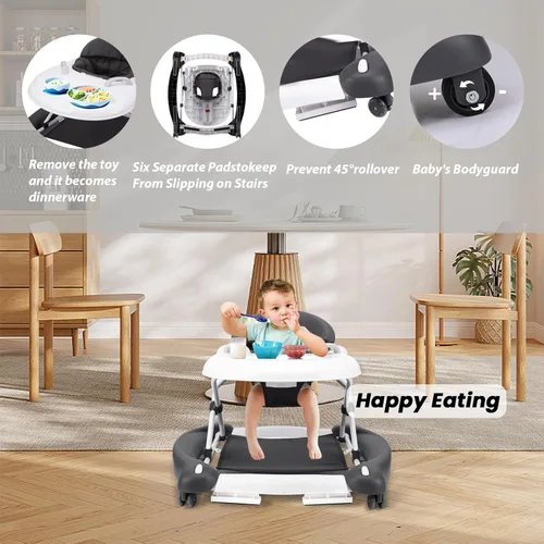 Miniatura 5 de Andador de bebé, 5 en 1 para niños y niñas de 6 a 12 meses con gorila, reposapiés extraíble, bandeja de alimentación y música, caminador de C-gris
