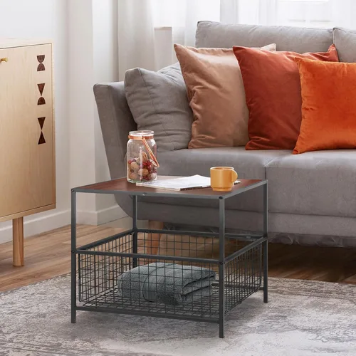 Miniatura 4 de SUPER DEAL Mesa auxiliar de 2 niveles con cesta de malla, mesa auxiliar cuadrada de 20 pulgadas para dormitorio, sala de estar, mini soporte