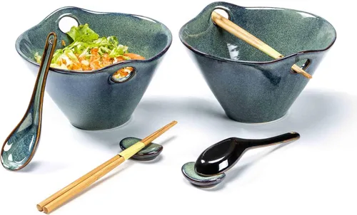 Miniatura 12 de Henten Home Juego de 2 cuencos de ramen de 20 onzas, cuencos de cerámica japoneses para fideos, cuencos profundos de porcelana con palillos