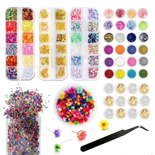 Kit de inclusiones de resina UV para principiantes, suministros de fabricación de joyas con purpurina, copos de aluminio, flores secas, lentejuelas