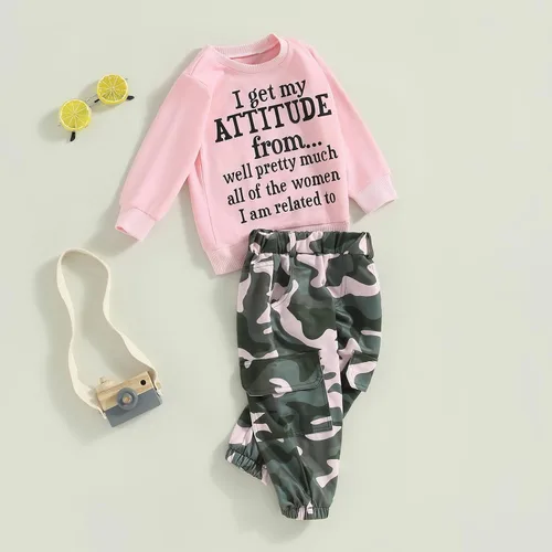 Miniatura 55 de Mandizy Conjunto de ropa de otoño para bebé niña pequeña, sudadera de manga larga con estampado de letras bendecidas, pantalones de camuflaje