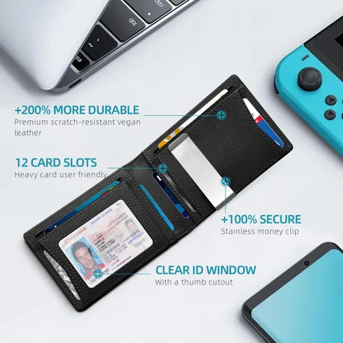 Miniatura 20 de Zitahli - Billetera delgada con 12 ranuras para tarjetas, ventana de identificación con clip para dinero, bolsillo frontal RFID plegable, pequeña