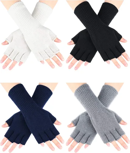 SATINIOR 4 pares de guantes largos de medio dedo sin dedos para niños, de punto con brazo de invierno, guantes de medio dedo para niños