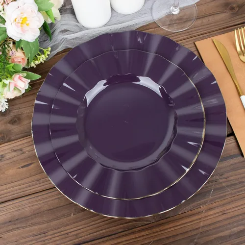 Miniatura 129 de Tableclothsfactory Paquete de 10 platos redondos de plástico negro de 6 pulgadas para ensalada de postre, platos desechables con borde ondulado