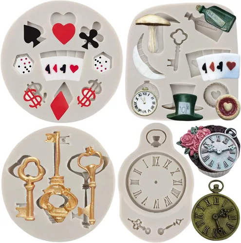 Sijiangmold Moldes de silicona de póquer, molde para sombrero de Alicia de las maravillas para fondant, molde vintage para reloj, naipes para Estilo