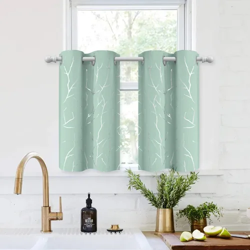 BUHUA Cortinas pequeñas para ventana de 36 pulgadas de largo, 2 paneles, cortinas opacas con elegantes ramas de árbol plateadas, cortinas de bloqueo