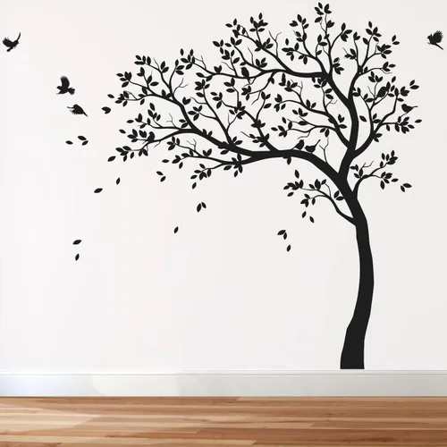 Calcomanías de pared para árbol grande, calcomanías de árbol inclinado con pájaros, mural de vinilo decorativo KW032 (inclinado a la izquierda, todo
