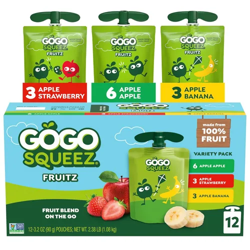 GoGo squeeZ Puré de manzana y puré de frutas, manzana, fresa y plátano, 3.2 oz (paquete de 12), aperitivos de frutas sin azúcar para niños, sin