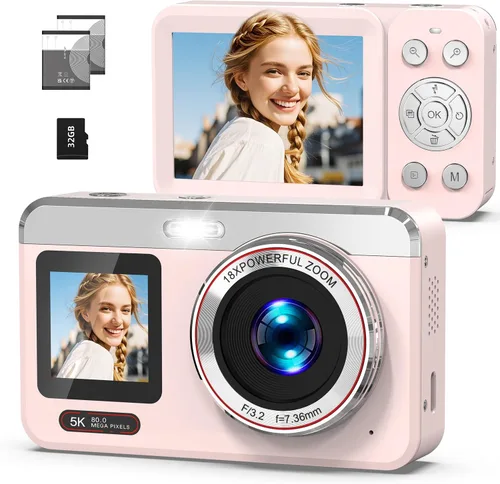 Miniatura 11 de Cámara digital 5K, cámara de enfoque automático de doble pantalla de 80 MP, cámara de punto de zoom 18X y disparo para fotografía, flash, tarjeta