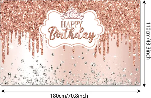 Miniatura 2 de Tudomro Telón de fondo de feliz cumpleaños de oro rosa para mujer, pancarta de oro rosa con purpurina de diamante, fondo de fotografía de princesa