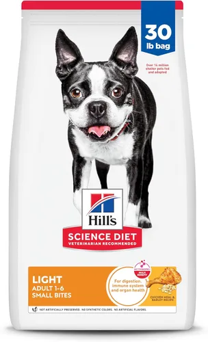 Hill's Science Diet Ligero, adulto 1-6, soporte para el control de peso, croquetas pequeñas, comida seca para perros, pollo y cebada, bolsa de 30