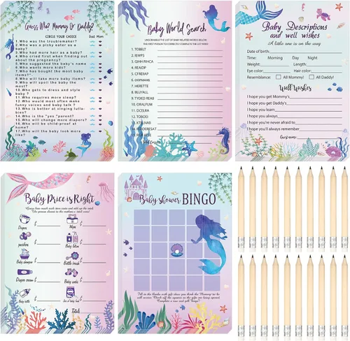Miniatura 10 de Yinder 145 tarjetas de actividades para juegos de baby shower con 20 lápices, incluye descripción de bingo para bebés y deseos, adivina quién es