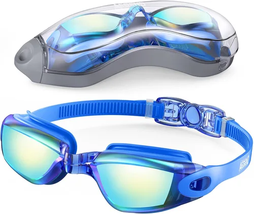 Aegend Gafas de natación, gafas de natación sin fugas, protección completa para adultos, hombres, mujeres y jóvenes Azul y plateado.