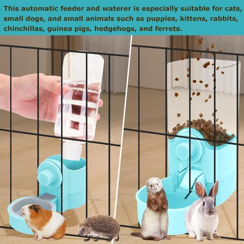 Miniatura 6 de GPY Juego de comedero automático para mascotas y dispensador de agua para colgar, alimentador automático para conejos y dispensador de agua para Azul