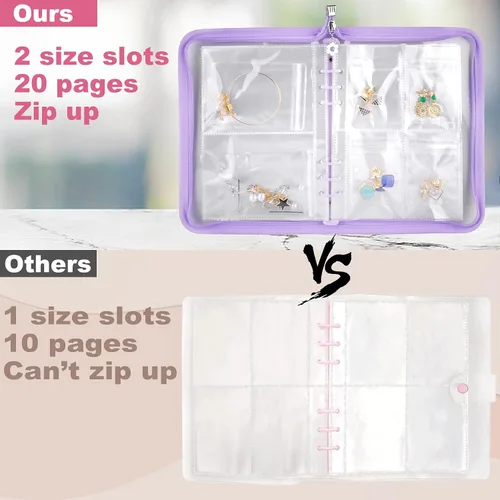Miniatura 7 de Organizador de joyas de viaje transparente, juego de libros de almacenamiento de joyas con bolsillo, organizador de aretes de collar de viaje