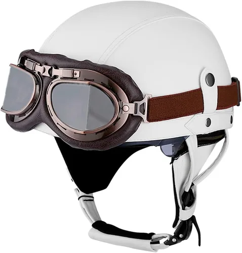 Miniatura 7 de Casco retro de cuero vintage para motocicleta, para hombres y mujeres, adultos, para scooter, bicicleta, crucero, con gafas y lente solar