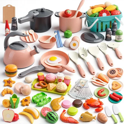 Funpynani - Juego de cocina de 130 piezas para niños pequeños, juego de ollas y sartenes de juguete, utensilios de cocina, alimentos diarios, Rosa