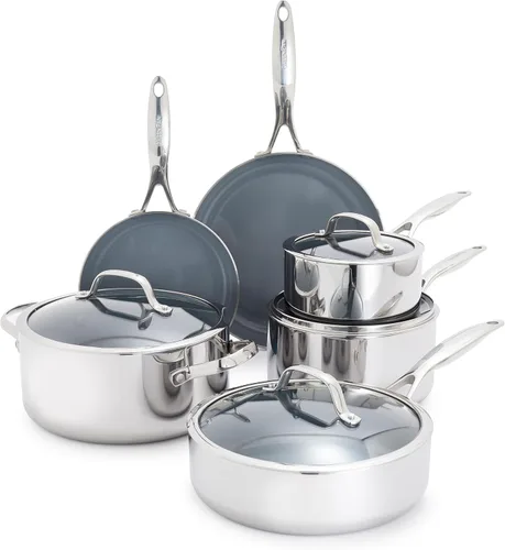 GreenPan Valencia Pro - Juego de ollas y sartenes de acero inoxidable de 10 piezas, apto para inducción, tricapa espejada, revestimiento