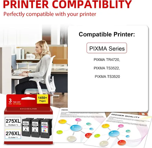 Miniatura 2 de Cartucho de tinta 275XL 276XL (2 negros, 1 color, 3 unidades) Reemplazo remanufacturado para Canon PG275 CL276 275 276 XL TS3500 TS3522 TR4720
